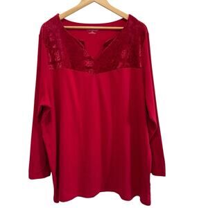 Catherines Red Velvet Trim Long Sleeve Top 2X Stretch V Neck Christmas Holiday